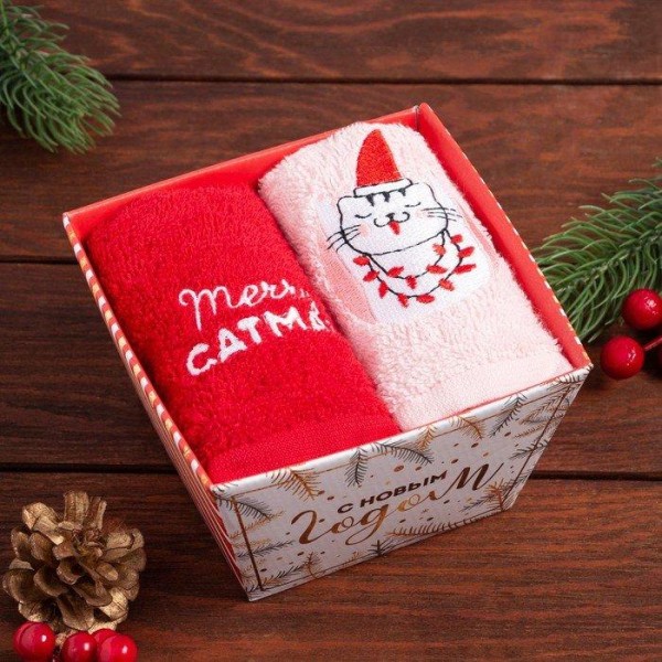 Набор полотенец "Merry catmas" 30х60 см-2 шт, хлопок 340гр/м2